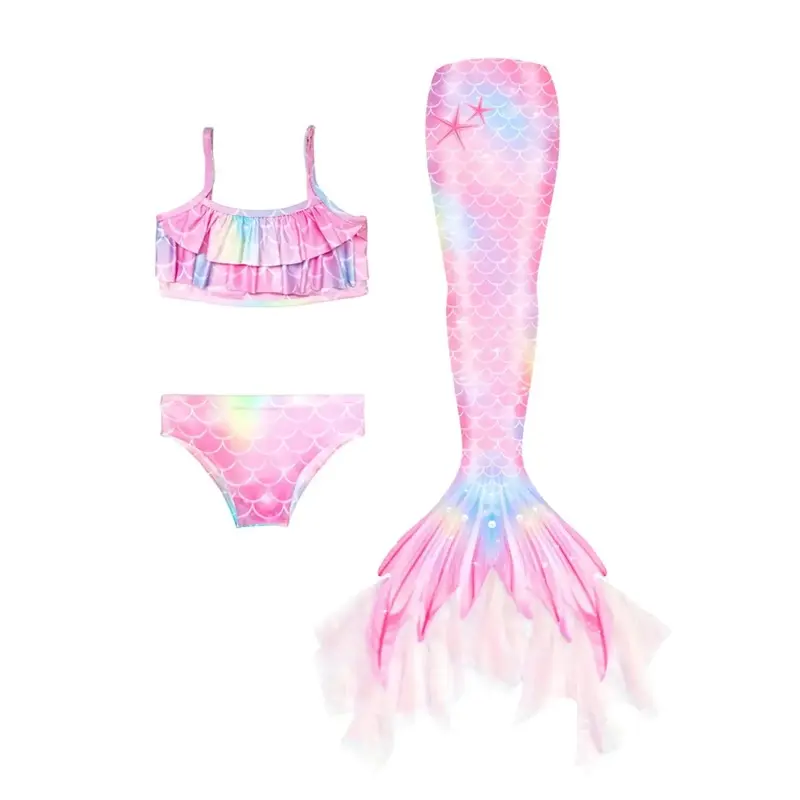Girls' Mermaid Swimsuit Set, Three-Piece Mermaid Tail Princess Swimsuit, Side-Zipper Bikini, Birthday, No Flippers, Swimsuit Set