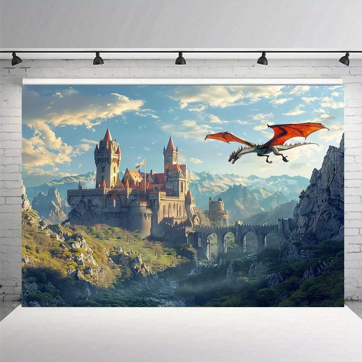 Magic Castle and Dragon Scene Background Cloth - Photography Background Cloth, Suitable for Parties, Weddings, and Events
