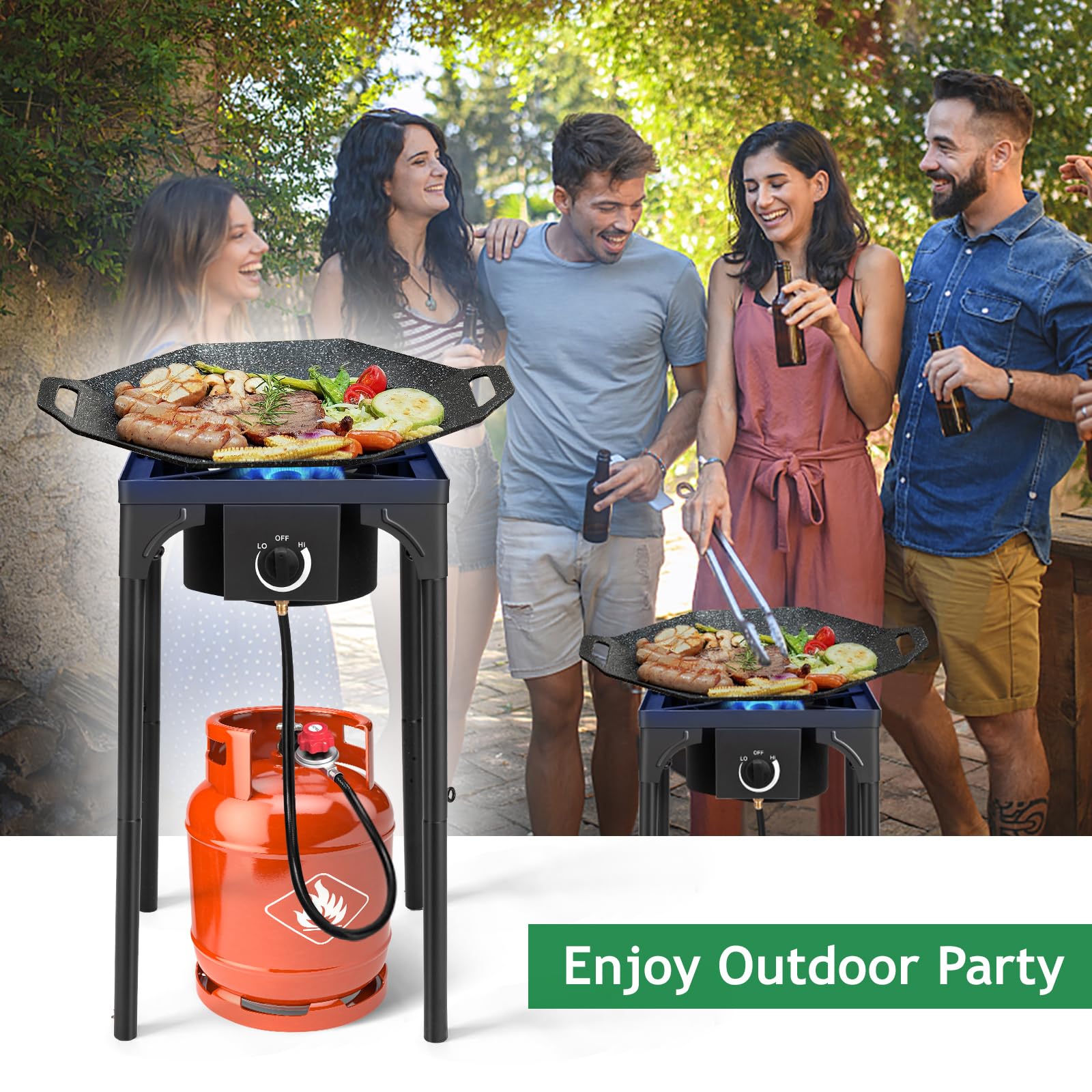 PineHome 3 Burner Propane Stove, 225,000 BTU High Pressure Outdoor Cooker with Cast Iron Head.Includes 0-20 PSI Regulator, Removable Legs for Camping, Tailgating, Home Brewing.