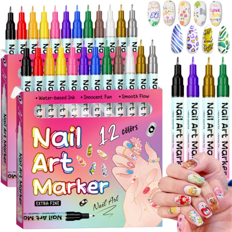 Nail Art Markers Set,Nail Art Pens Kit,12 Colors 3D Nail Pens for Nail Art for Painting Nail Art Design Acrylic Paint Marker for Drawing Painting Nail Art Graffiti Pen Quick Drying Waterproof 0.5mm Manicure