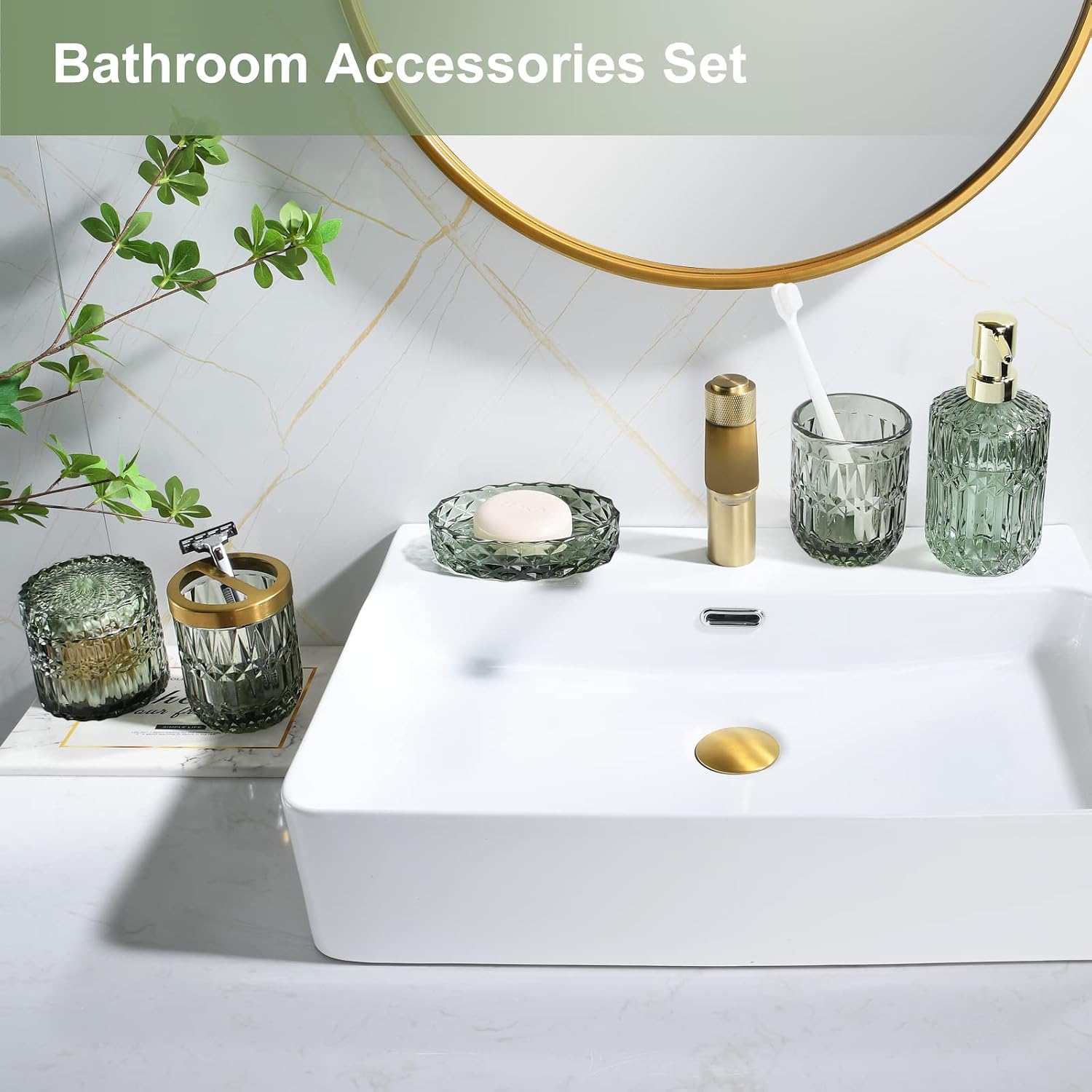 Green Bathroom Accessories Set, 6 count Clear Glass Bathroom Set, Soap Dispenser, Soap Dish, Holder, Tumbler, Q-Tips Holder for Bathroom Decor, Set Green Bathroom Accessories Set, 6 count Clear Glass Bathroom Set, Soap Dispenser, Soap Dish, Holder, Tumbler, Q-Tips Holder for Bathroom Decor, Set