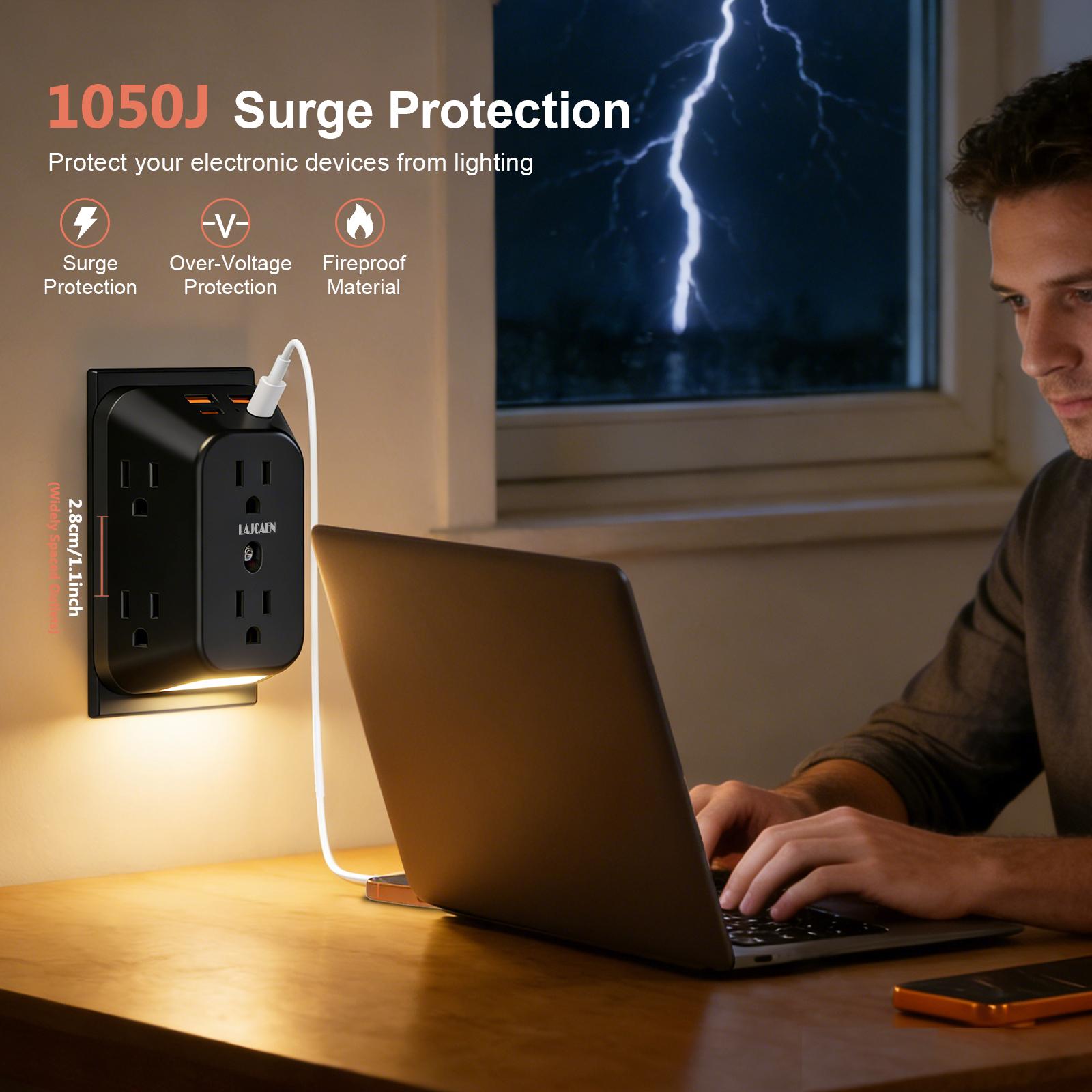 Multi Plug Outlet Extender Surge Protector with Night Light, 6 Outlet 4 USB(2A2C) Wall Adapter,  4 Sided Design, Touch Control 3 Level Night Light, 1050J Surge Protection for Home Travel