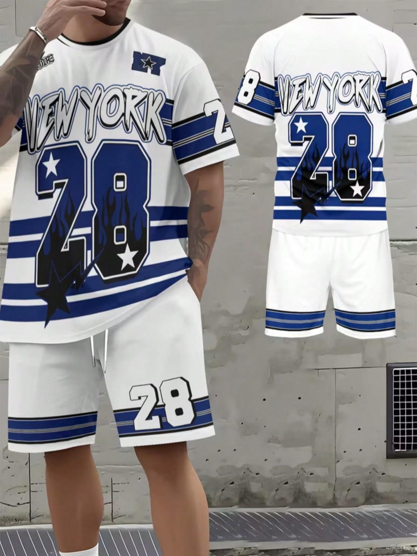 Summer Men's Outdoor Round Neck Short Sleeve T-Shirt and Shorts Set, Casual Letter Number Print, Fitted, Above the Knee, Sporty Style