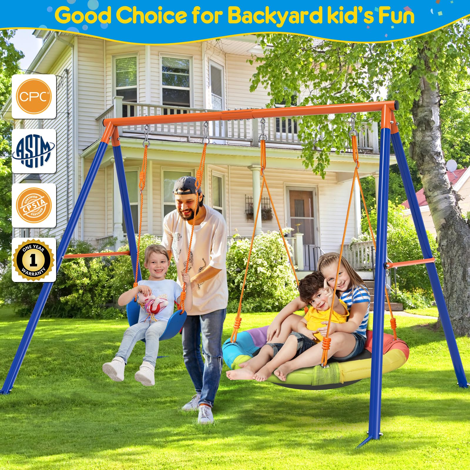 Bearbro Swing Set with 1 Saucer and 1 Belt Swing Seat, 440lbs Swing Set for Kids with Heavy Duty A-Frame Metal Swing Stand for Backyard and Playground