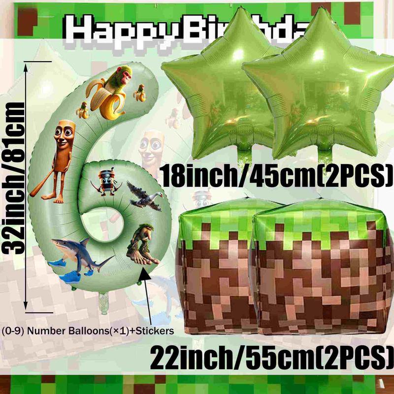 Trendy Pixel Party & Italian Brainrot Balloon Set, Large 32in Green Number Balloons 0-9 with Tralalero Tralala Characters Stickers,Star Foil Balloons, Pixel Block Balloons, for Christmas New Year Video Game Themed Birthday Party Decor, Gamer Decor