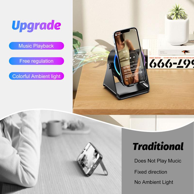 【Valentine's Day gift】Lentorgi 5-in-1 Wireless Induction Bluetooth Audio Speaker, Phone Stand Ambient Light, Surround Sound 360° Rotation Rechargeable Hands-Free Calls For Bedroom, Office, Kitchen, Camping, Yoga, Cooking Gifts for Men, Women, Elderly