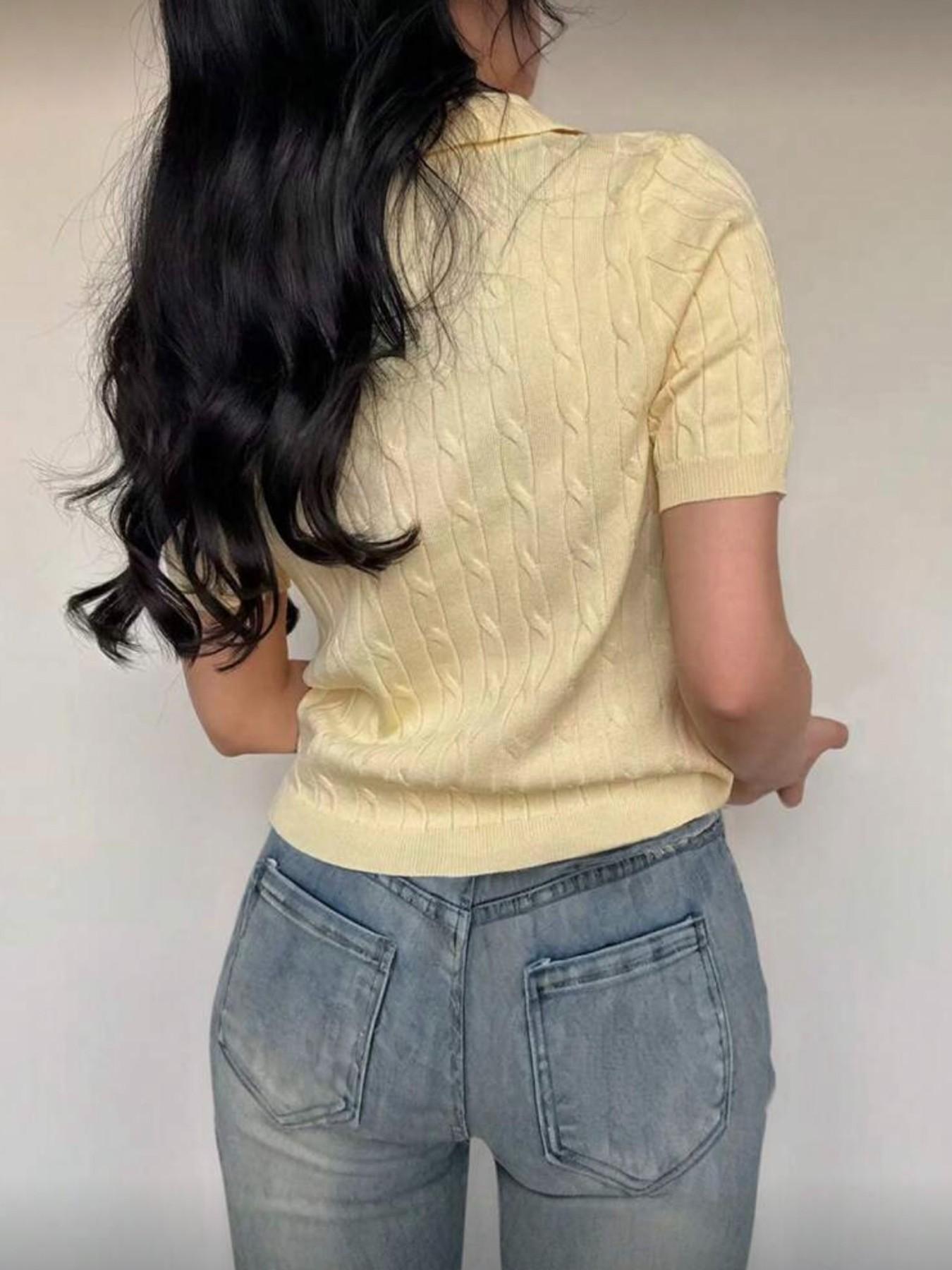 Women's Summer Polo Neck Short Sleeve Knit Sweater, Fashionable Elegant Slim Fit Breathable Casual Top, Pure Color Versatile Pullover Womenswear