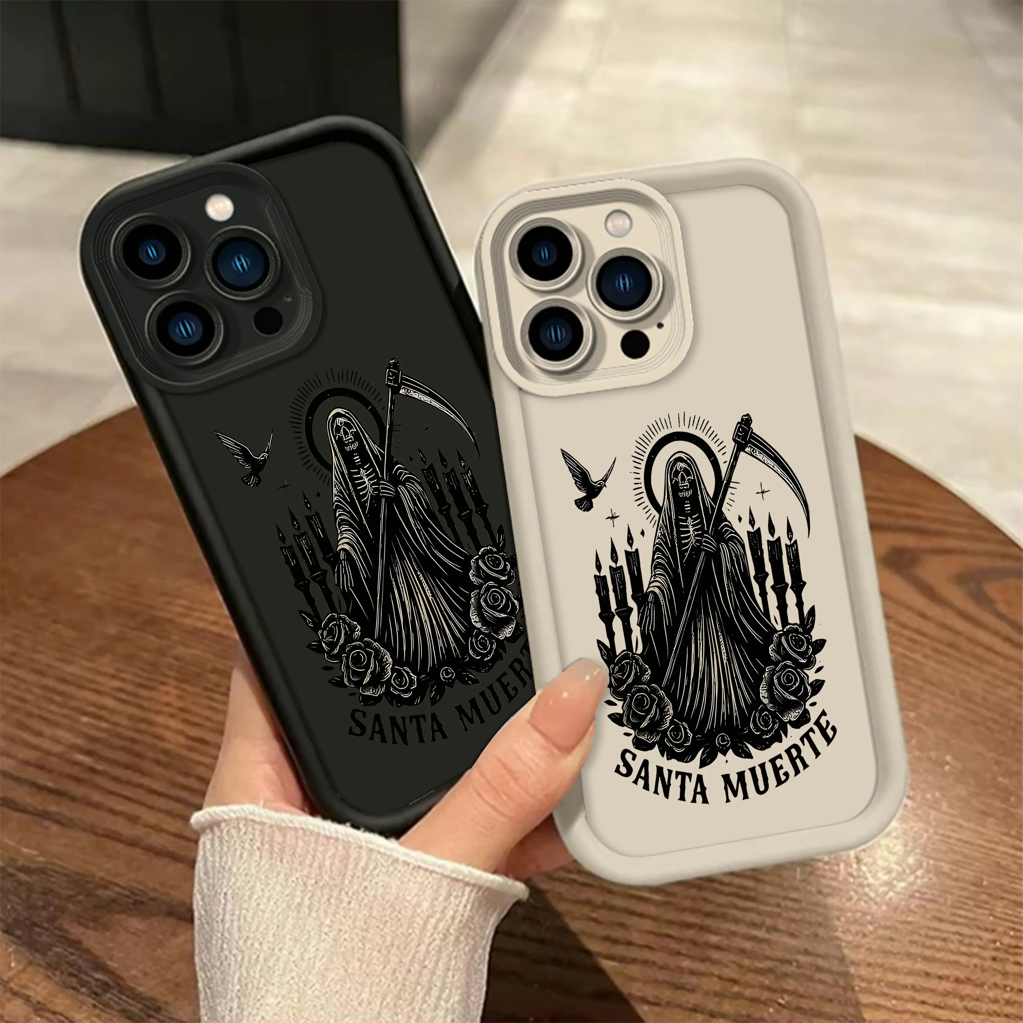 Gothic Santa Muerte Reaper Skeleton Rose Candle Phone Case, Suitable for iPhone 18 Promax, 17 Air, 16, 15, 14 Plus, 13, 12, 11 and Samsung Galaxy S26 Ultra, S25 Ultra, S24, S23, S22 Phone Case,Soft and Comfortable TPU Anti Drop Phone Case-B040