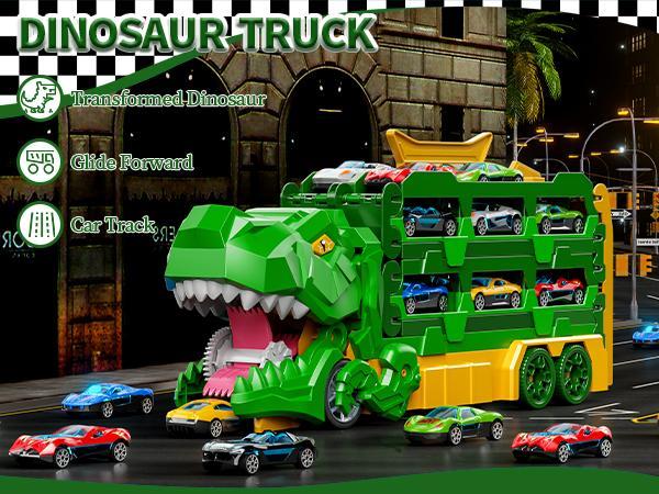 Foldable Transformable Dinosaur Truck with 10/12 Die-Cast Cars,Glide Forward,Car Track,Best Gift for Birthday/Christmas/Thanksgiving Toy Gifts