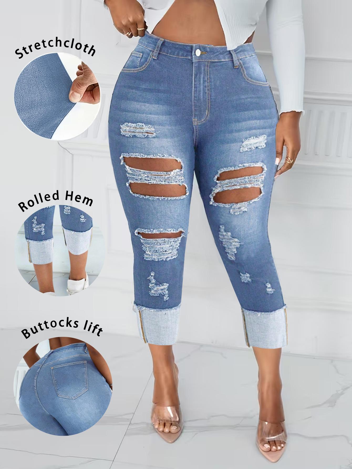 Women's Plus Size Distressed Denim Jeans, Washed Look, Tight Fit Skinny Nine-Quarter Pants, Casual Fashion, Comfortable and Stylish