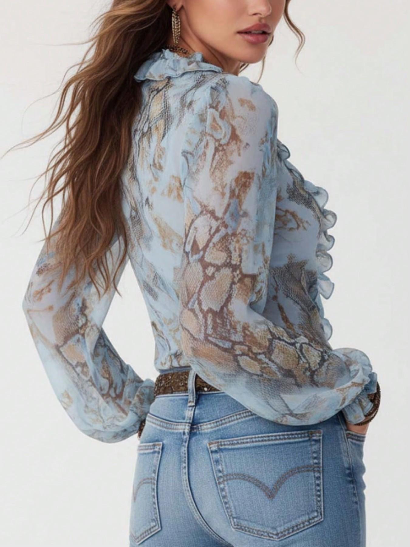 Women's Deep V Neck Snake Print Chiffon Blouse Shirts, Loose Fit Long Sleeve Top, Transparent Design, Holiday Style, Fashionable Women's Clothing