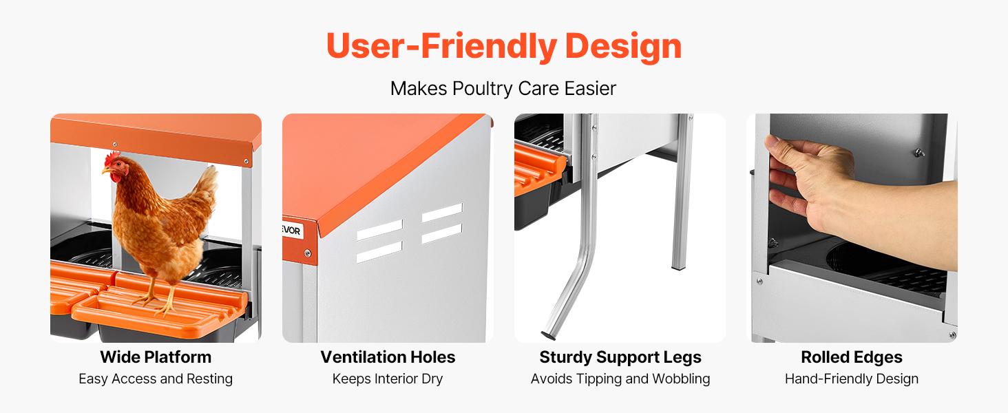 VEVOR Chicken Nesting Boxes, 3 Compartments, with Support Legs, Easy Egg Collection, Galvanized Steel and High-Strength Plastic, Roll Away Nesting Boxes for Chickens and Hens Laying Eggs, Orange