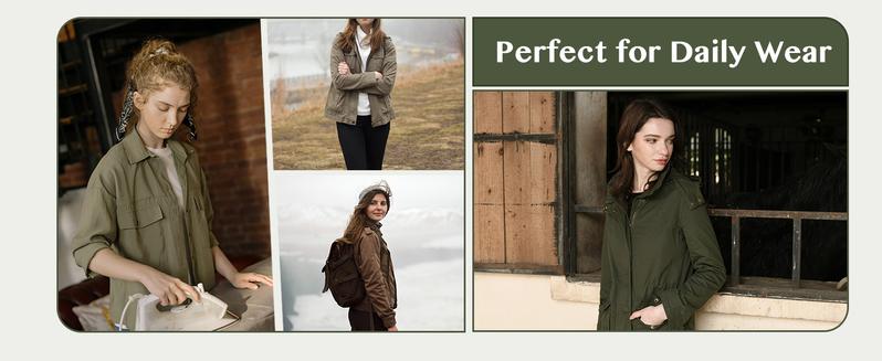 Women's Cotton Military Jacket Lightweight Casual Anorak Coat with Hood Womenswear Tops Comfort  Lady Outerwear Underwear Lady Long Sleeve Fitted