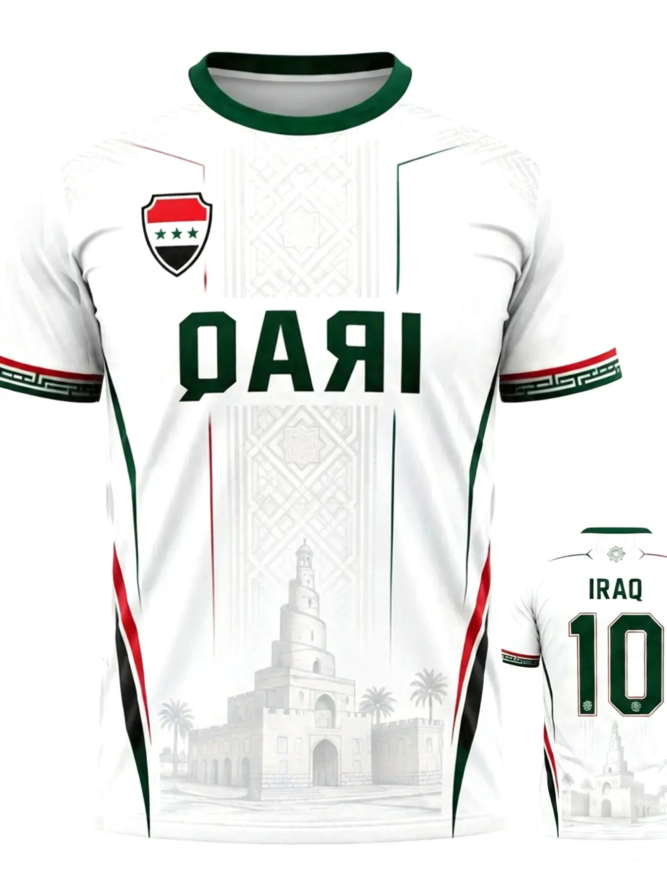 Iraqi Fan Jersey, Base Arabic Architecture Print, Collar, Quick-Dry Short Sleeve, Loose-Fit, Casual T-Shirt for All Seasons