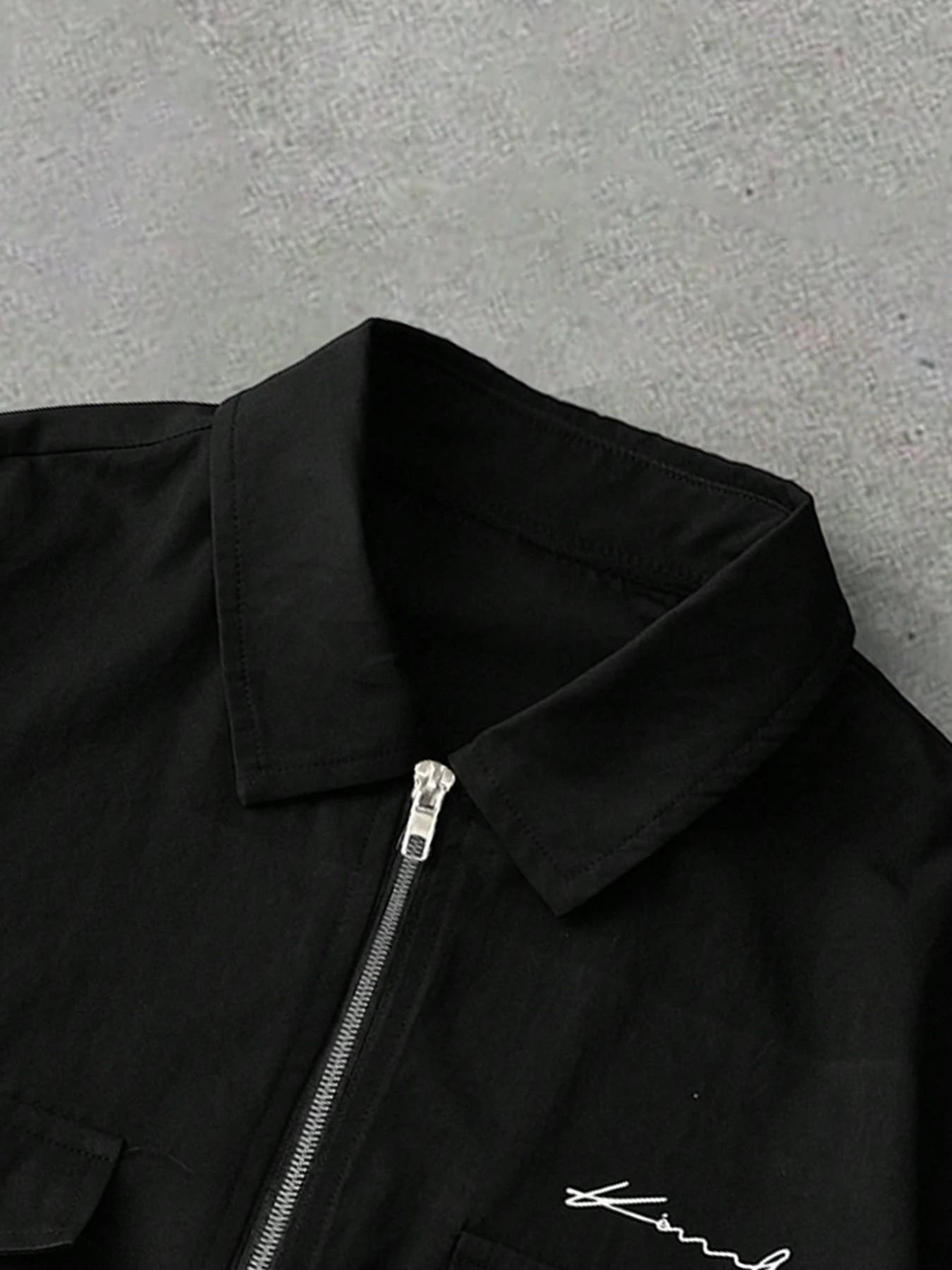 Neutral Zipper Short Sleeve Shirt, Casual Signature Embroidery Pocket Streetwear Top, Loose-Fitting Figure Pattern Clothing