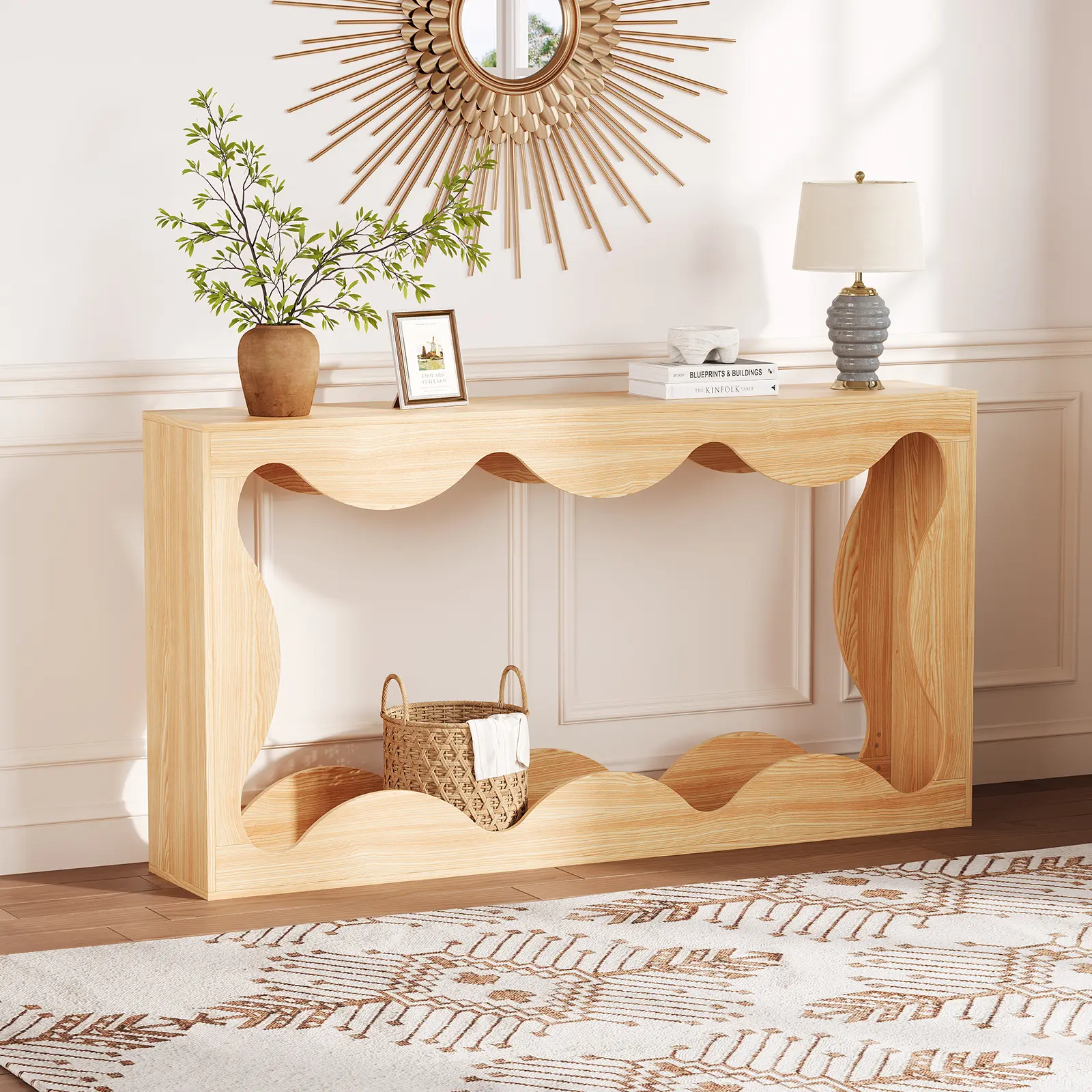 63" Entryway Table Scalloped Console Table, Farmhouse Narrow Entry Way Stand with Storage Shelf, Wooden Curvilinear Scalloped Tables Behind Sofa Couch for Hallway, Entrance, Living Room