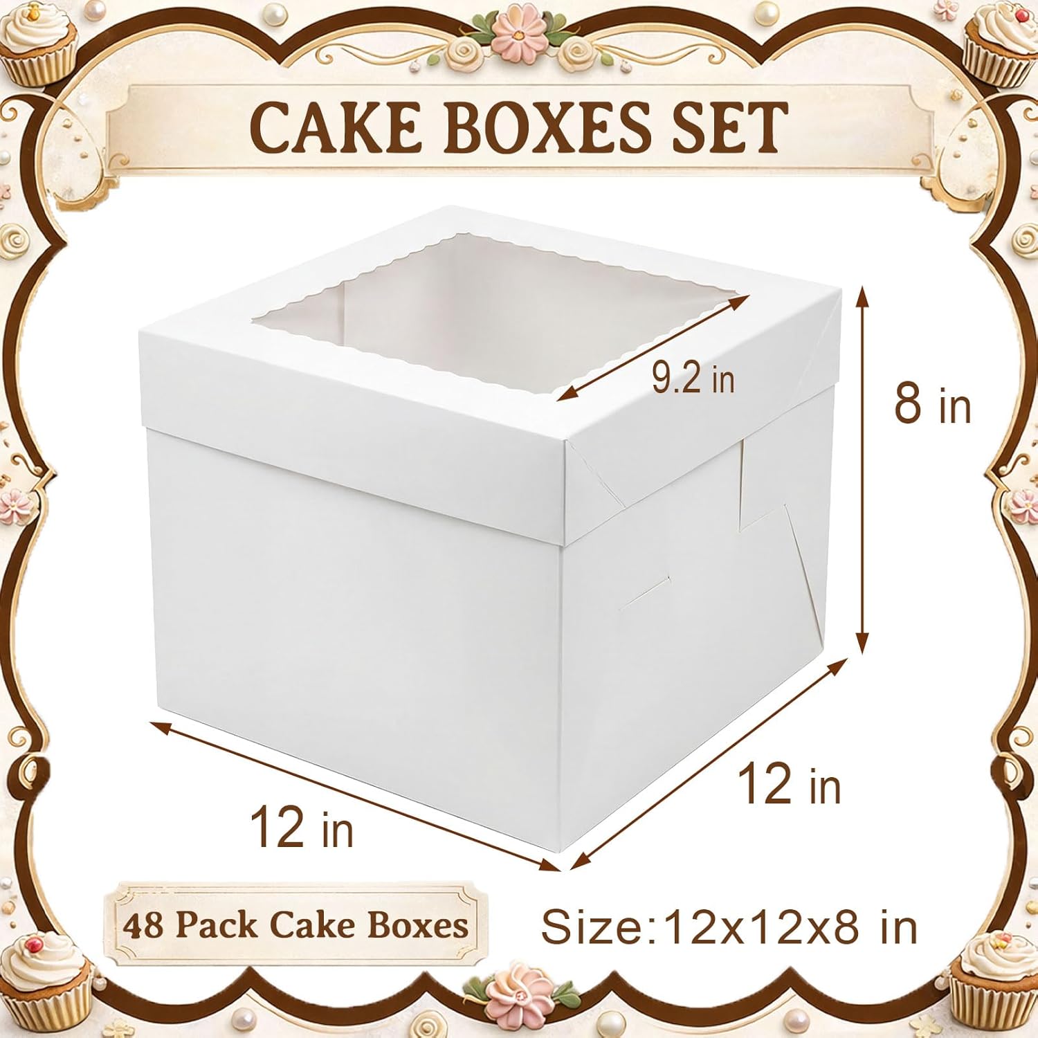 48 count Cake Boxes,12x12x8 Inches Tall Multi-Layer Cake Box with Window White Square Cardboard Bakery Boxes for Cookies Pies Cupcakes Pastry-Wedding,Birthday,Party Decorating Supplies