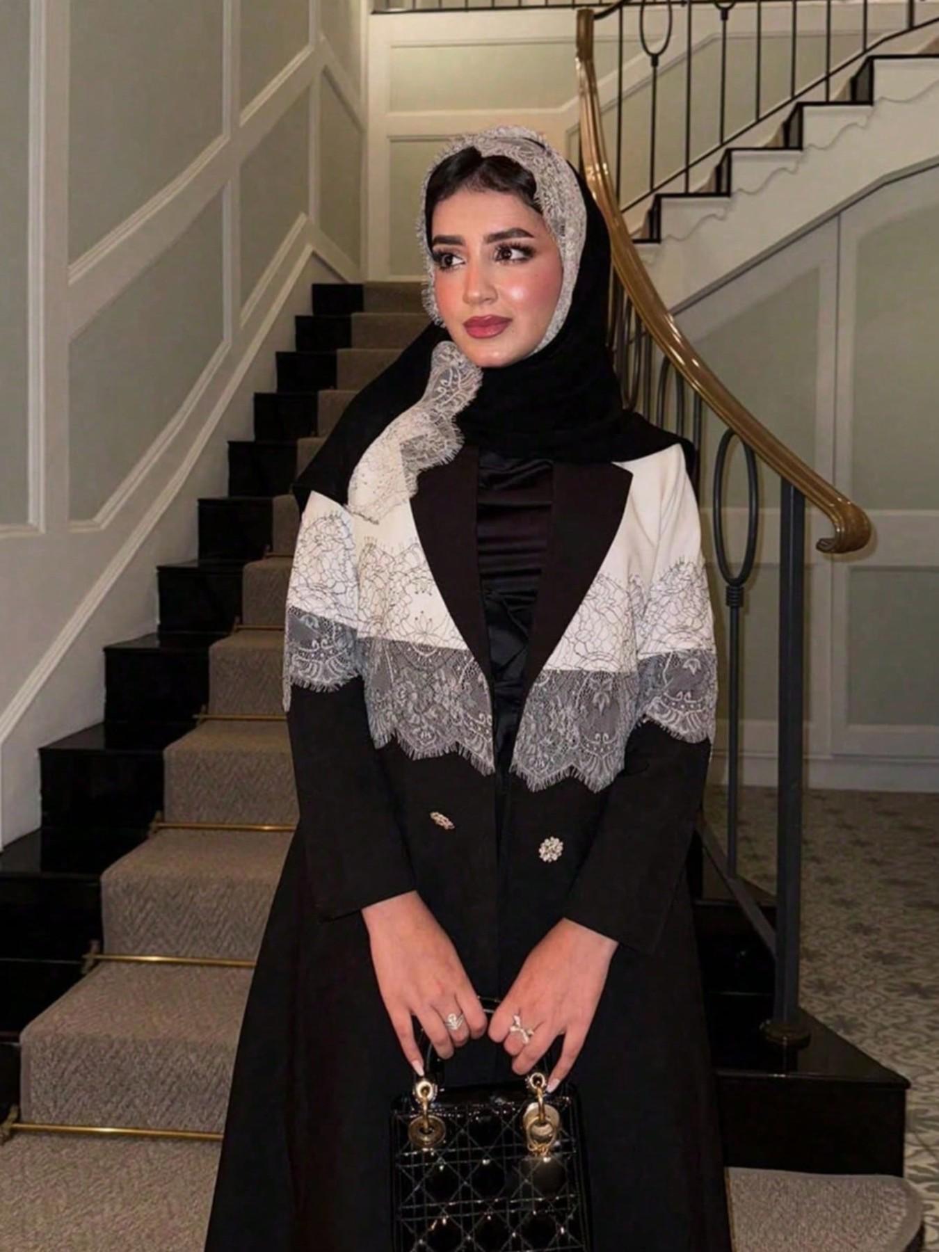 Lace Patchwork Blazer Coat, Elegant Long Cardigan with Scarf, Loose-Fitting Outerwear for All Seasons