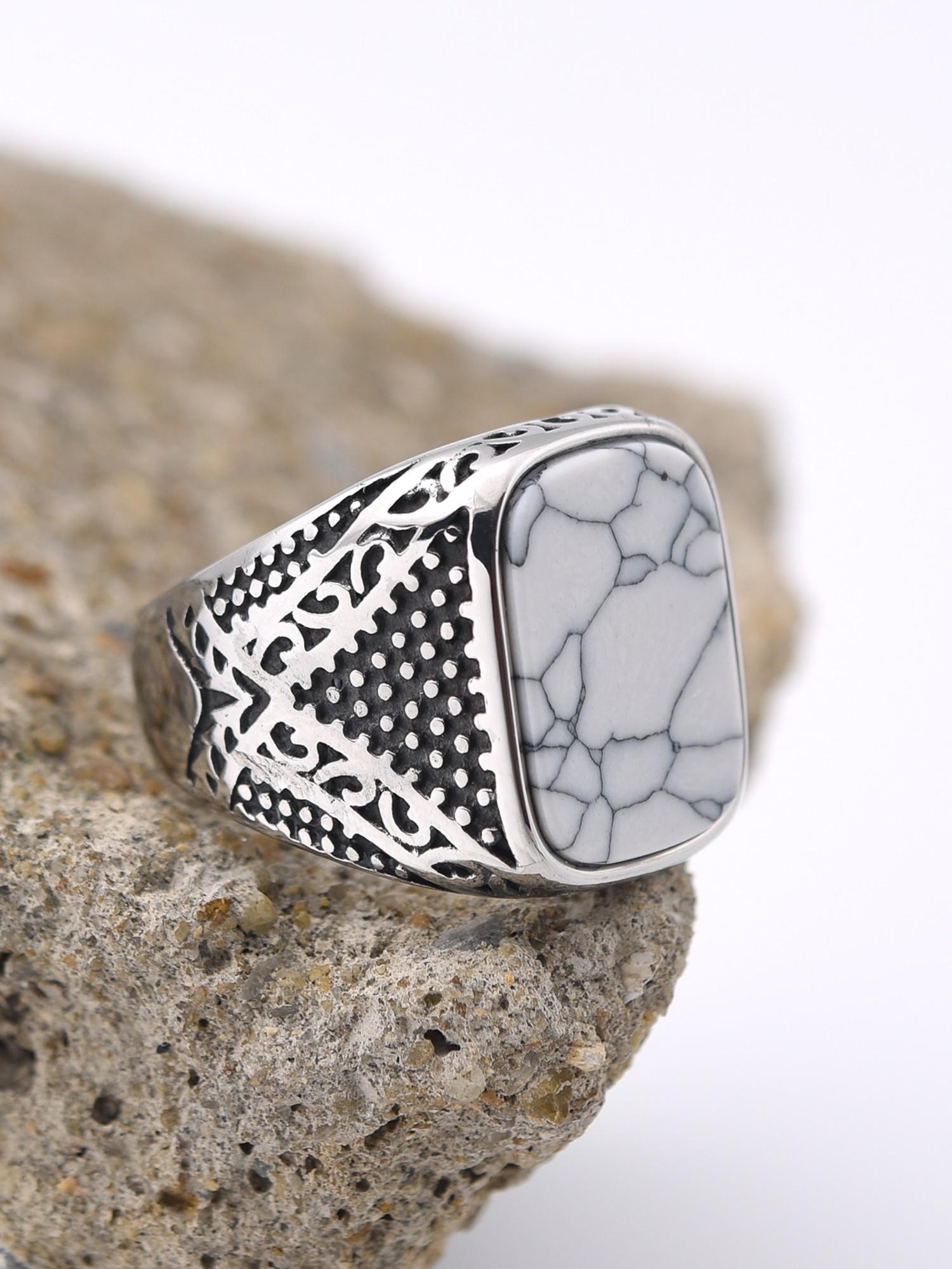 Vintage Men's Signet Ring 316L Stainless Steel Silver Color Blue Agate Square Stone Retro Carving Jewelry Gift