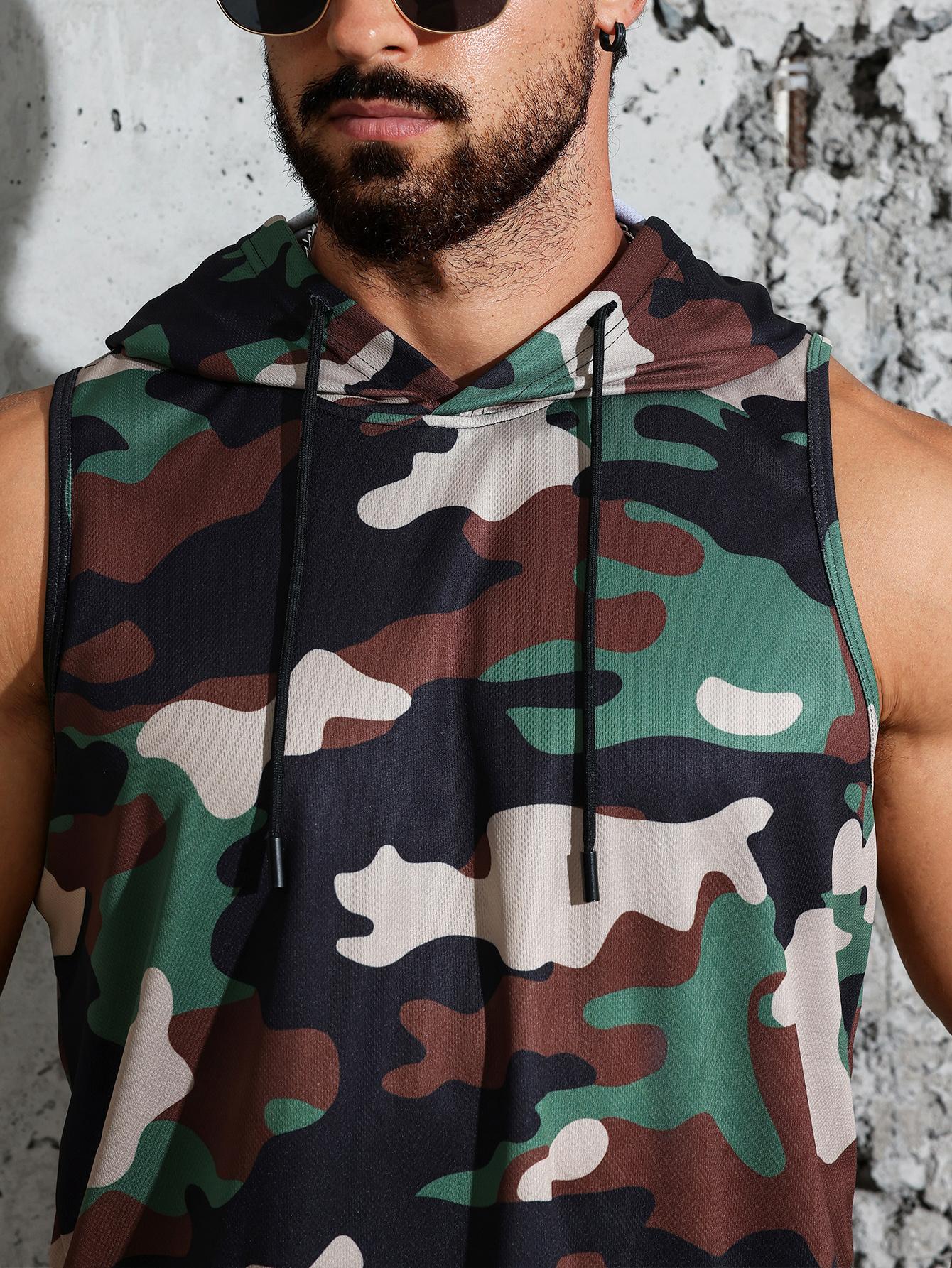 Men's Lightweight Polyester Camouflage Hooded Vest - Breathable, Sleeveless Sporty Design for Gym, Running - Machine Washable
