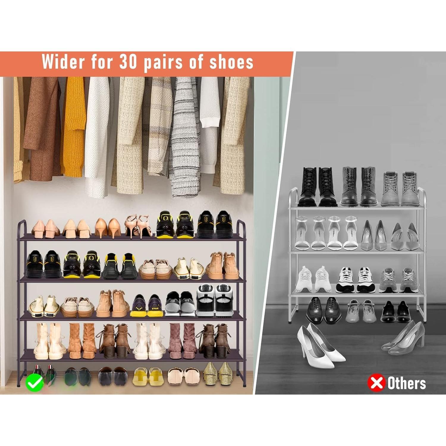 4 Tier Long Shoe Organizer for Closet Shoe Rack for Bedroom Closet Floor Shoe Shelf for Entryway Storage Stackable Wide Shoe Shelf Stores 30 Pairs of Men Sneakers, Brown