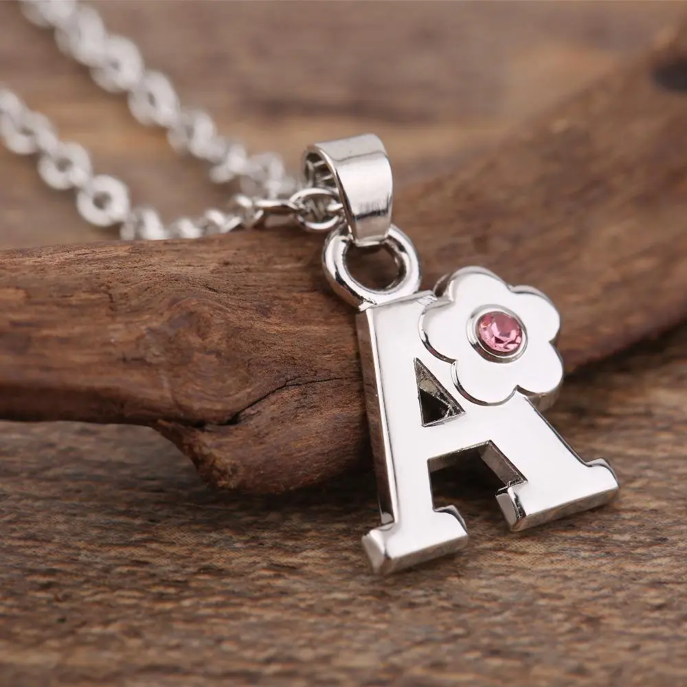 Girls' Flower Initial Necklace with Crystal A-Z Alphabet Pendant, Metal Coated Alloy Chain Jewelry, Children's Gift, Flower A-Z Alphabet, Metal Coating, Chain Jewelry Necklaces