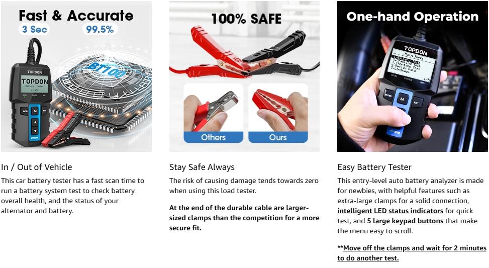 TOPDON BT100 Car Battery Tester 12V Load Tester, 100-2000 CCA Automotive Alternator Tester Digital Auto Battery Analyzer Charging Cranking System Tester for Car Truck Motorcycle ATV SUV Boat Yacht Charger TOPDON BT100 Car Battery Tester 12V Load Tester, 100-2000 CCA Automotive Alternator Tester Digital Auto Battery Analyzer Charging Cranking System Tester for Car Truck Motorcycle ATV SUV Boat Yacht Charger