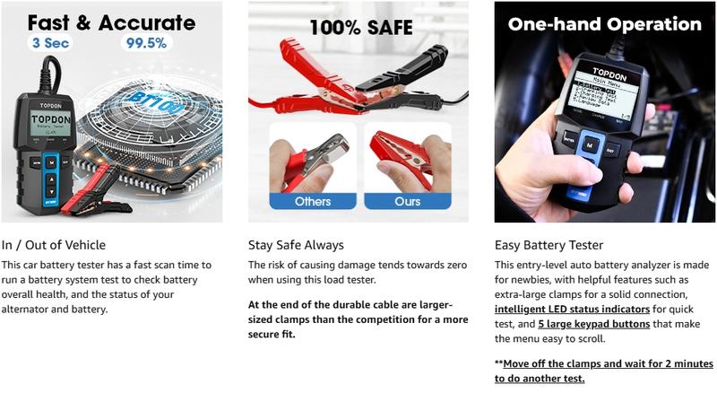 TOPDON BT100 Car Battery Tester 12V Load Tester, 100-2000 CCA Automotive Alternator Tester Digital Auto Battery Analyzer Charging Cranking System Tester for Car Truck Motorcycle ATV SUV Boat Yacht Charger