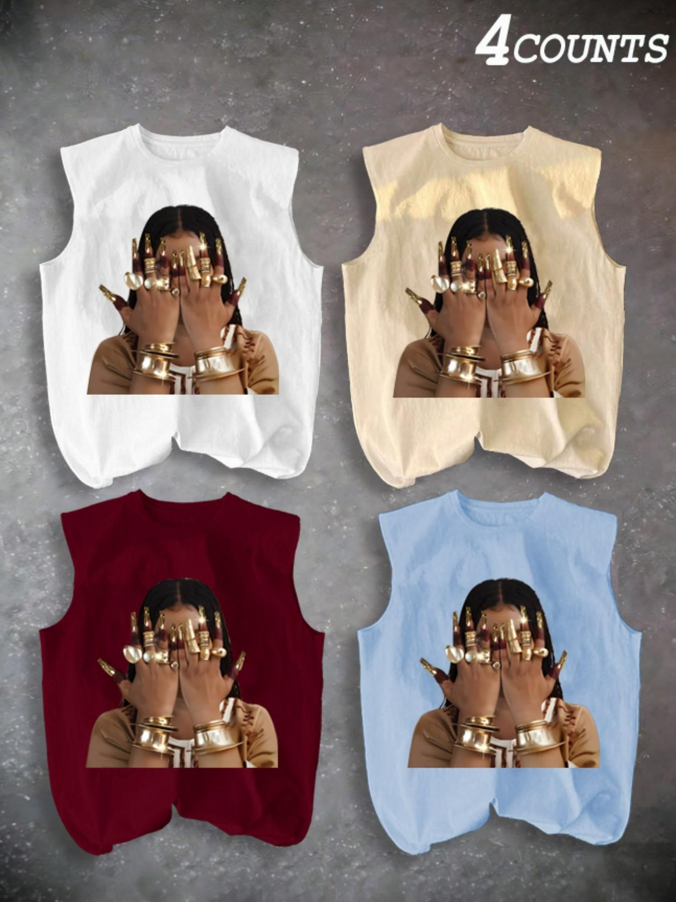 Men's Four-Piece Set Casual Sleeveless Tank Tops, Patterned Tank Top, Ring Pattern Print, Summer Vacation Party Daily Wear, Comfortable Inner Outerwear