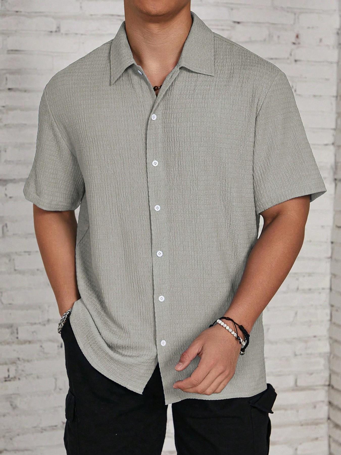 Men's Textured Button Front Shirt, Casual Regular Fit Short Sleeve Collared Top for Summer, Summer Leisure Top 2024, National Day Clothing, Men's Clothes for Daily Wear