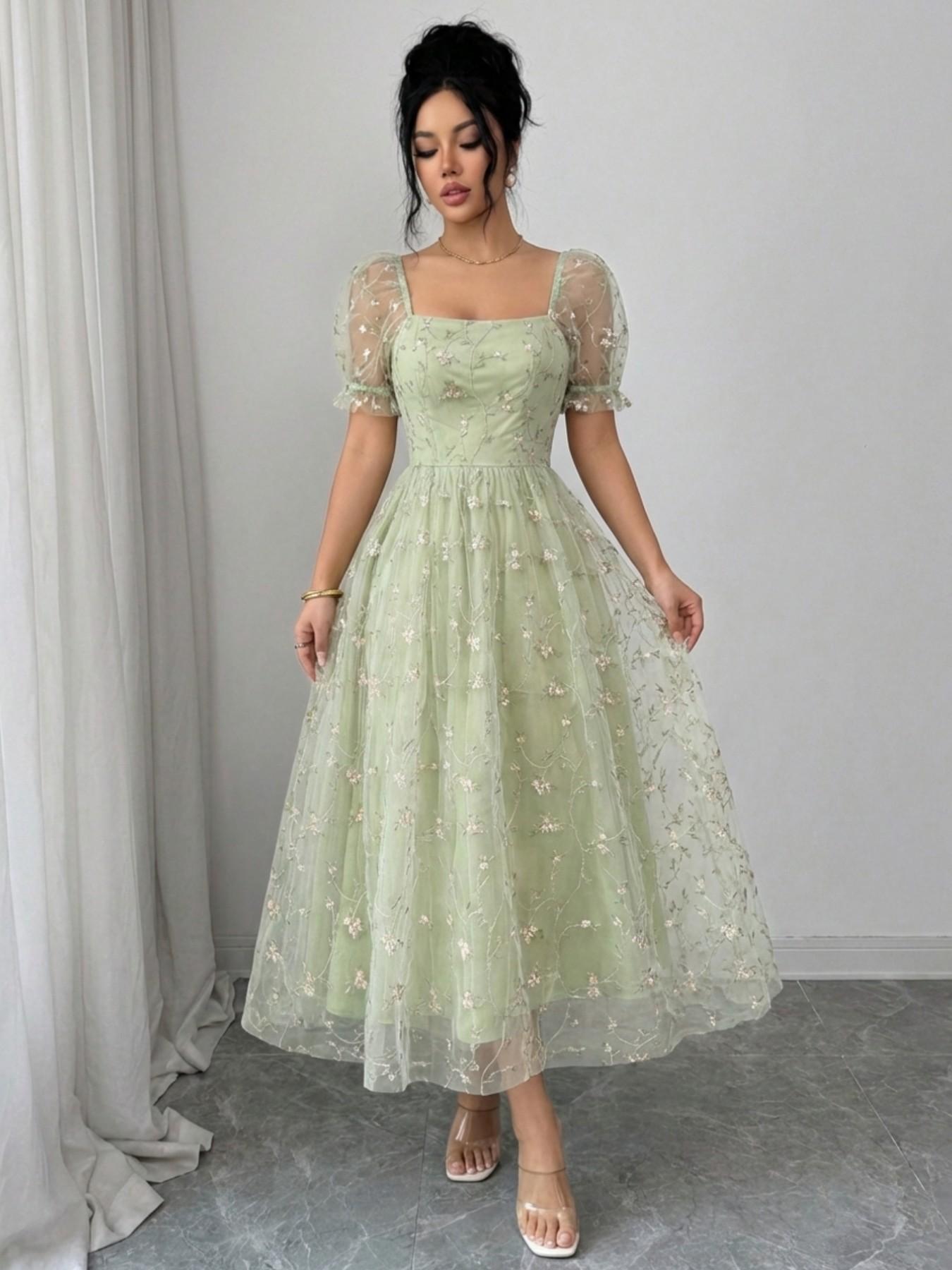 Elegant Short Sleeve Long Dress, Womenswear Mesh Embroidered Country Style Casual, Elegance, Vacation Wear, 8030 Model, Perfect for Relaxing Days