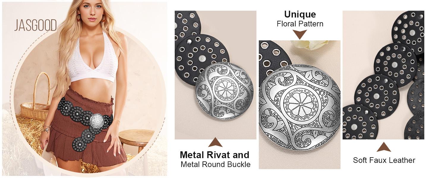 JASGOOD Women Western Concho Belts Wide Hollow Disc Leather Belt Cowgirl Boho Belt for Jeans Dresses with Metal Buckle JASGOOD Women Western Concho Belts Wide Hollow Disc Leather Belt Cowgirl Boho Belt for Jeans Dresses with Metal Buckle