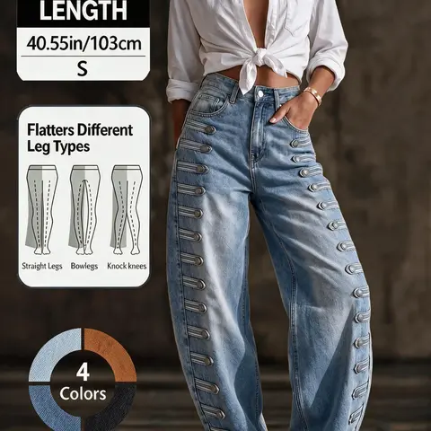 Women High Waisted Wide Leg Baggy Jeans, Side Multi Strap Buckle Denim Pants, Casual Streetwear Trousers For Weekend Outing & Party