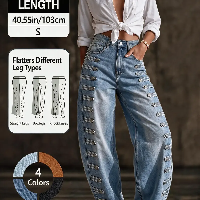 Women High Waisted Wide Leg Baggy Jeans, Side Multi Strap Buckle Denim Pants, Casual Streetwear Trousers For Weekend Outing & Party