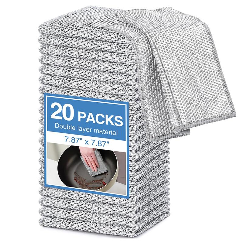 20 Counts Multipurpose Non-Scratch Wire Dishcloths – Double-Layer Reusable Dishwashing Rags for Wet & Dry Use, Kitchen Cleaning Cloth for Sinks, Pans & Dishes, Washable & Durable