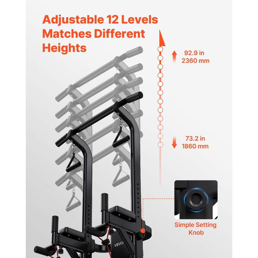 VEVOR Pull Up Bar, 330 LBS Power Tower Dip Station, Workout Dip Station with H-Shaped Stable Base Back Pad, Adjustable 12 Level Height Free Standing Chin Up Bar for Back, 4-Level Adjustable Back Pad