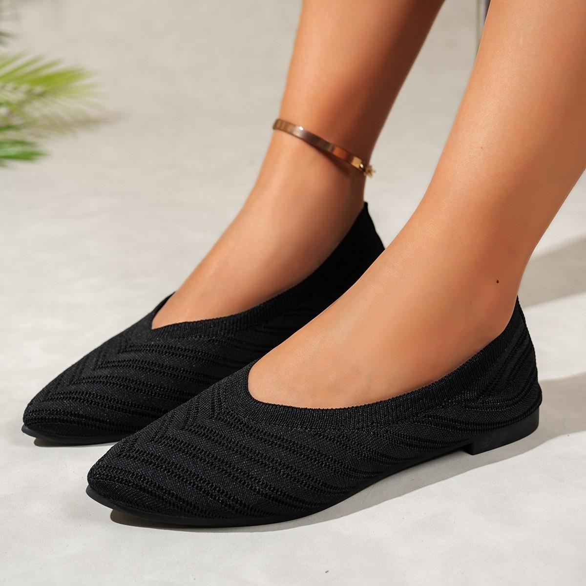 Women's Knit Pointed Toe Flat Shoes, Breathable Slip-on Loafers