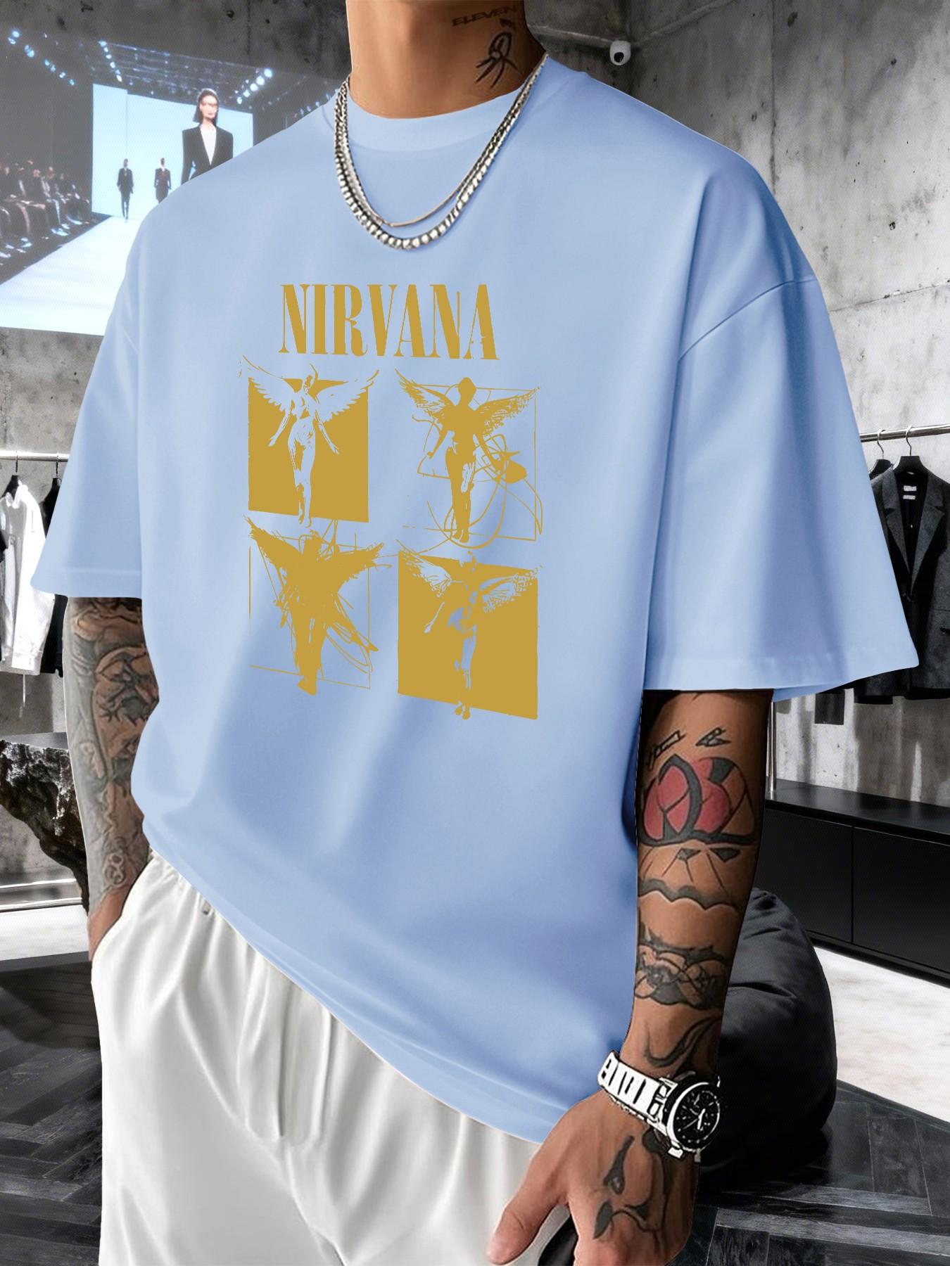 Nirvana Retro Rock Print Men's Fashion T-Shirt, Casual Graphic Short Sleeve Top, Comfortable Round Neck Tee for Spring Summer