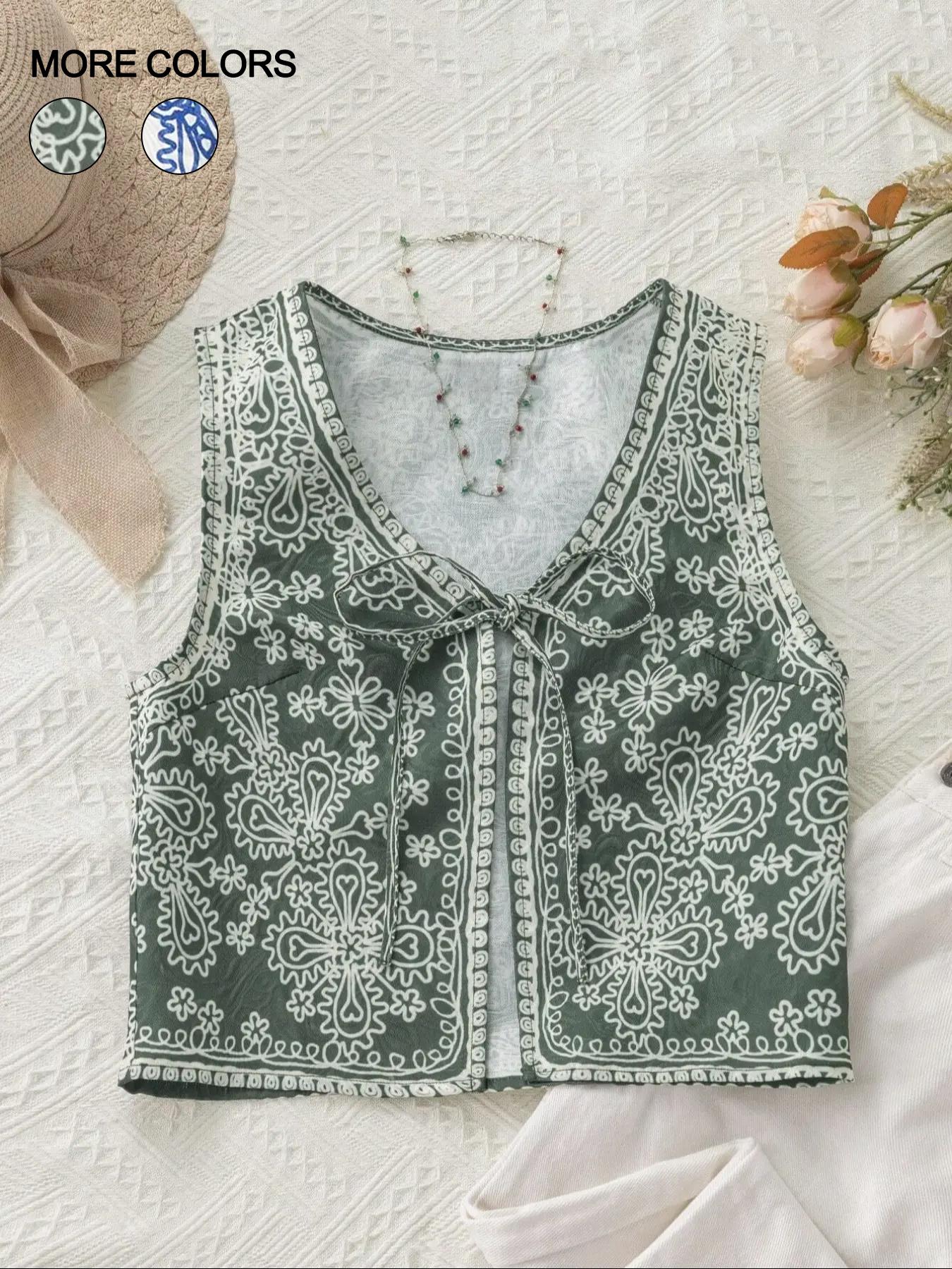 Women's Floral Ethnic Pattern Tie Front V Neck Vest Jacket without Necklace, Boho Sleeveless Outerwear for Summer, Ladies Clothes for Beach Vacation Holiday, Womenswear