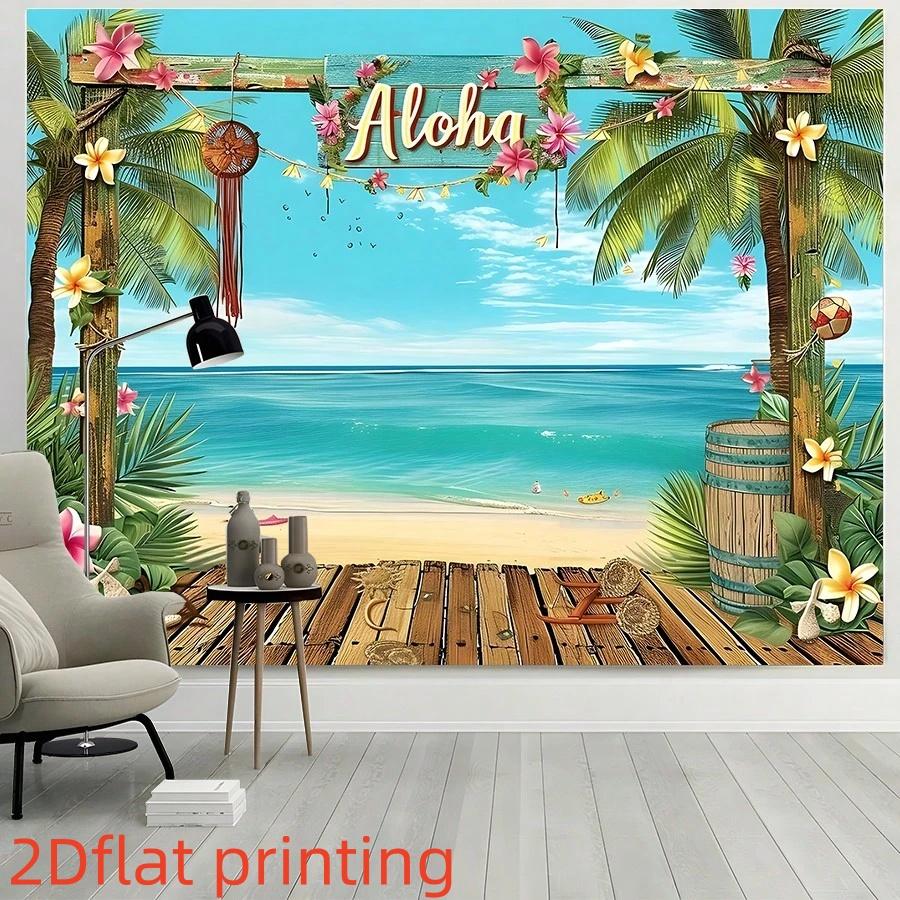 2D Flat Aloha Hawaii Beach Decorative Backdrop 1 Pack Polyester Material Tropical Palm Flower Seaside Party Banner Summer Beach Themed Photo Hanging Cloth Luau Party Atmosphere Curtain Reusable Waterproof Decorative Supplies