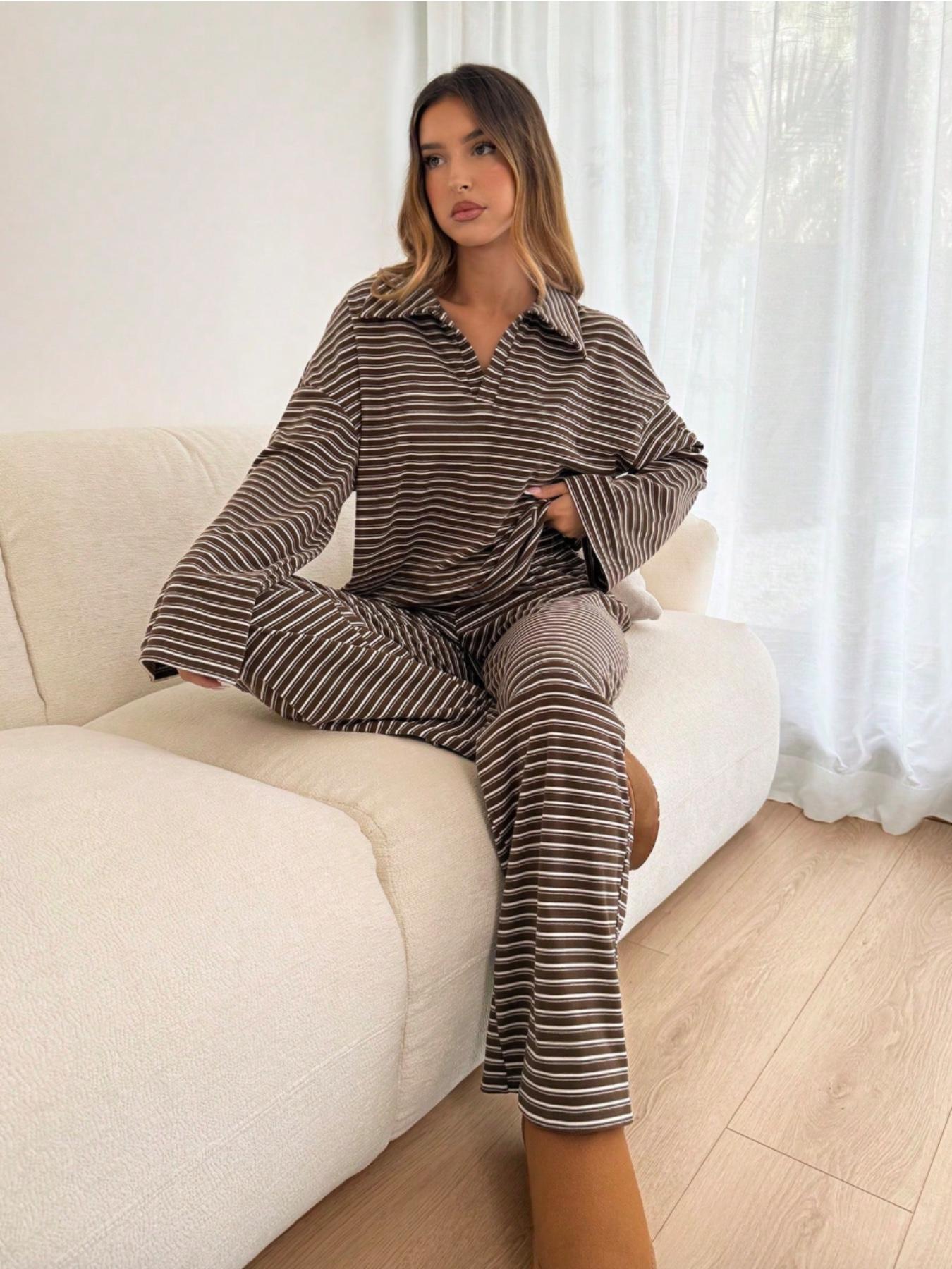 Women's 2pcs Set Loose Striped V-Neck Drop Shoulder Long Sleeve T-Shirt &Elastic Waist Striped Pants, Brown, Casual Sets For Women, Pajamas Set, Sleepwear Loungewear, Casual Sets For Women Brown Two Piece Set Women Women's 2pcs Set Loose Striped V-Neck Drop Shoulder Long Sleeve T-Shirt &Elastic Waist Striped Pants, Brown, Casual Sets For Women, Pajamas Set, Sleepwear Loungewear, Casual Sets For Women Brown Two Piece Set Women