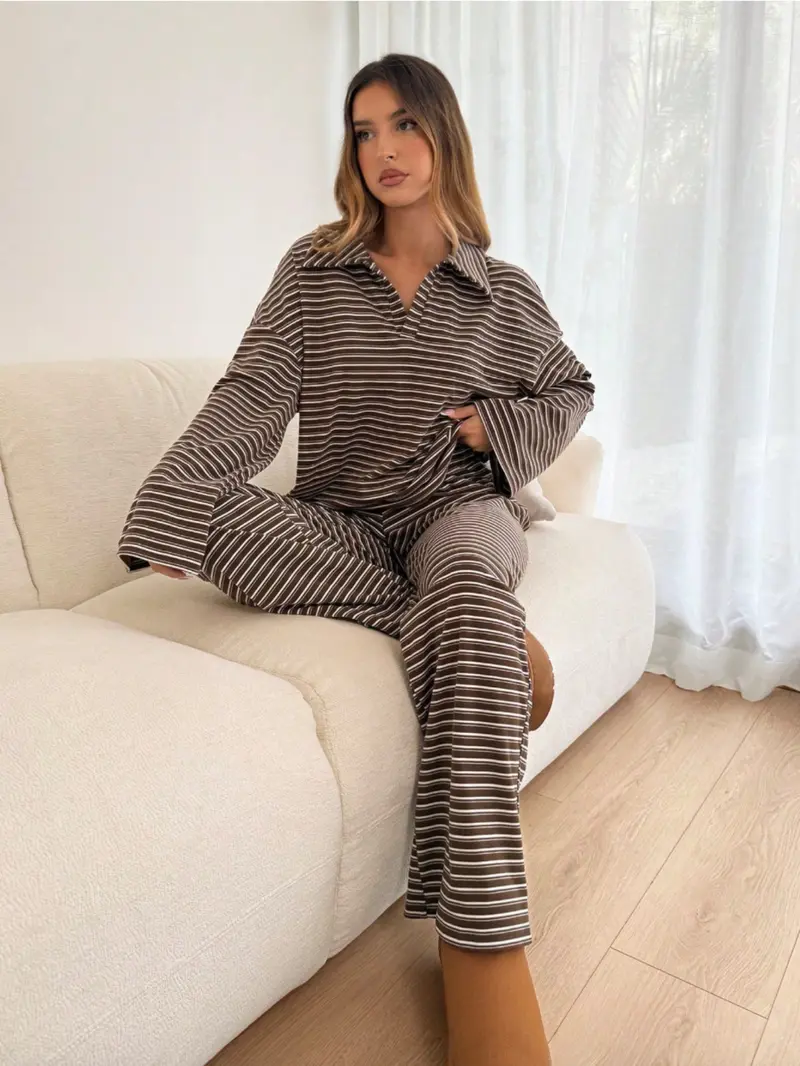 Women's 2pcs Set Loose Striped V-Neck Drop Shoulder Long Sleeve T-Shirt &Elastic Waist Striped Pants, Brown, Casual Sets For Women, Pajamas Set, Sleepwear Loungewear, Casual Sets For Women Brown Two Piece Set Women