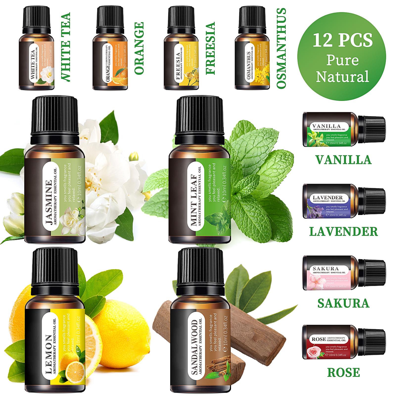 Essential Oils Set, 10 ML Bottles Set For Home Care, Fragrance, Humidifiers, Difusors & Aromatherapy Oils Set Gifts, Mint Leaf, White Tea, Lavender, Lemon, Orange, Osmanthus, Vanilla, Sakura, Rose, Freesia, Sandalwood, Jasmine
