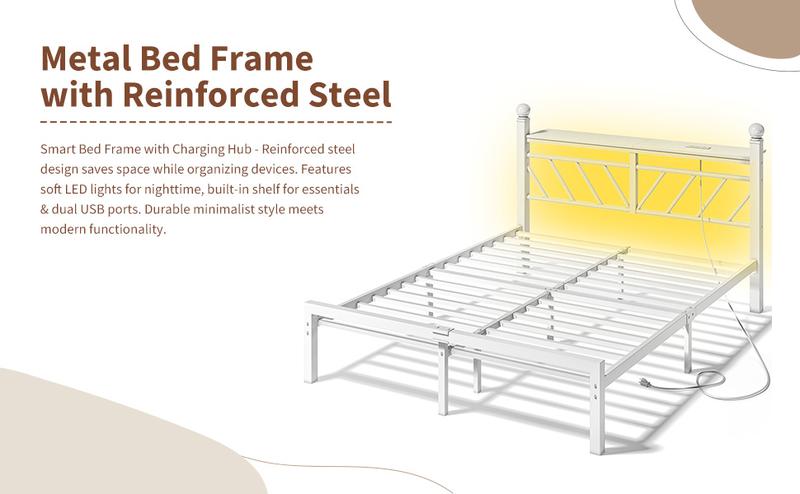 Raybee Furniture Twin/Full/Queen Metal Bed Frames ,with LED Lights and Charging Station, Sturdy Bed Frames with Headboard and Footboard, with Storage Shelves and Under Bed Storage, No Box Spring Needed, Noise Free 【Black Friday】
