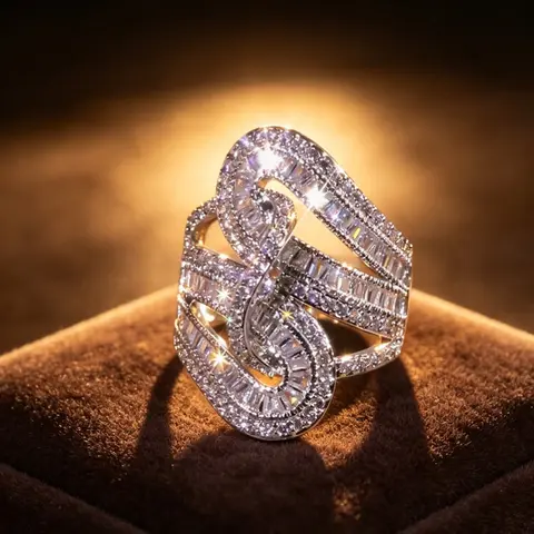 Women's Elegant Coiled Serpent Baguette Pave Wide Statement Ring - Hollow Open-Work Snake Design, CZ Sparkle Glow, Metal Coating, Female Anniversary Cocktail Ring for Evening Gala Holiday Gift