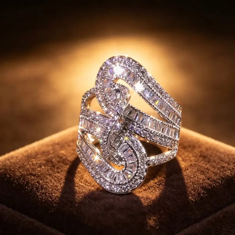 Women's Elegant Coiled Serpent Baguette Pave Wide Statement Ring - Hollow Open-Work Snake Design, CZ Sparkle Glow, Metal Coating, Female Anniversary Cocktail Ring for Evening Gala Holiday Gift