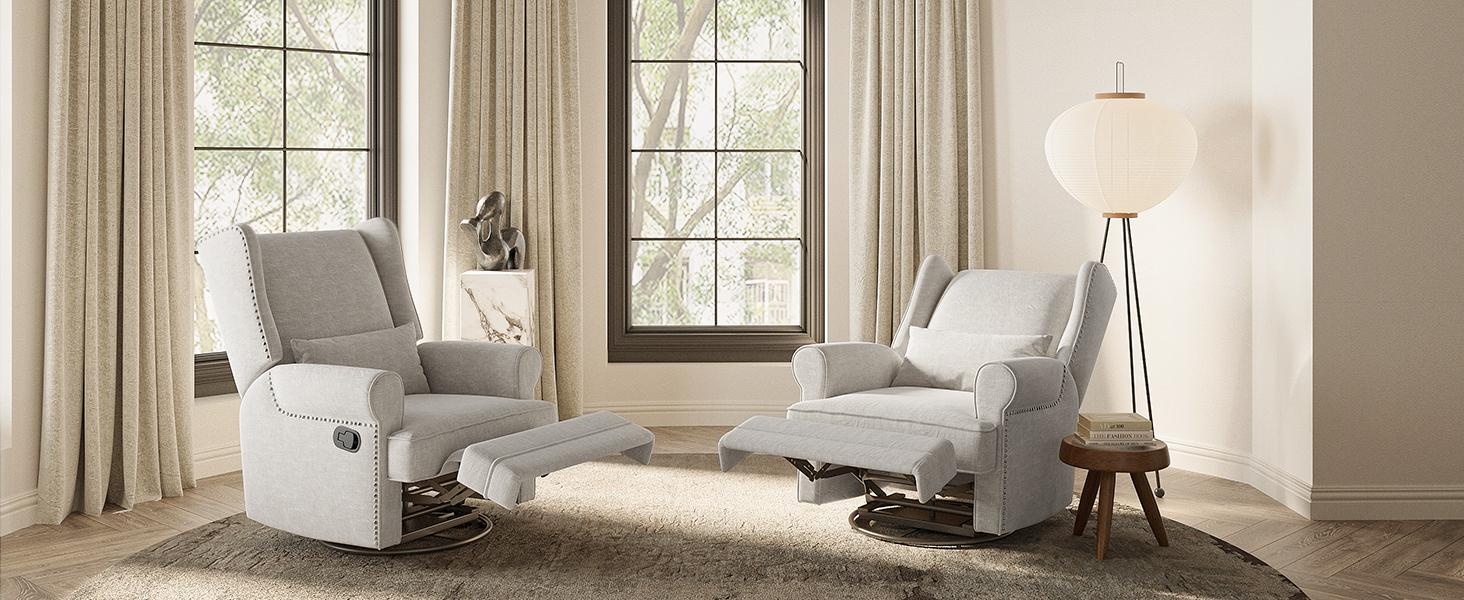RoyalCraft Swivel Recliner Chair with Adjustable Back and Footrest, Upholstered Glider Rocker with  Pillow, Accent Armchairs with Carbon Steel Base,Comfy Nursery Rocking Chair for Living Room, Bedroom