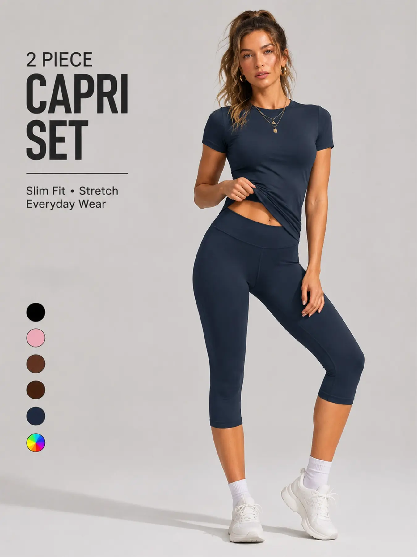 Women's Two-Piece Capri Sport Set, Short Sleeve Round Neck T-Shirt & High Waist Tight Pants, Yoga Fitness Wear, Summer Outdoor Sports, Fitted Sportswear Set