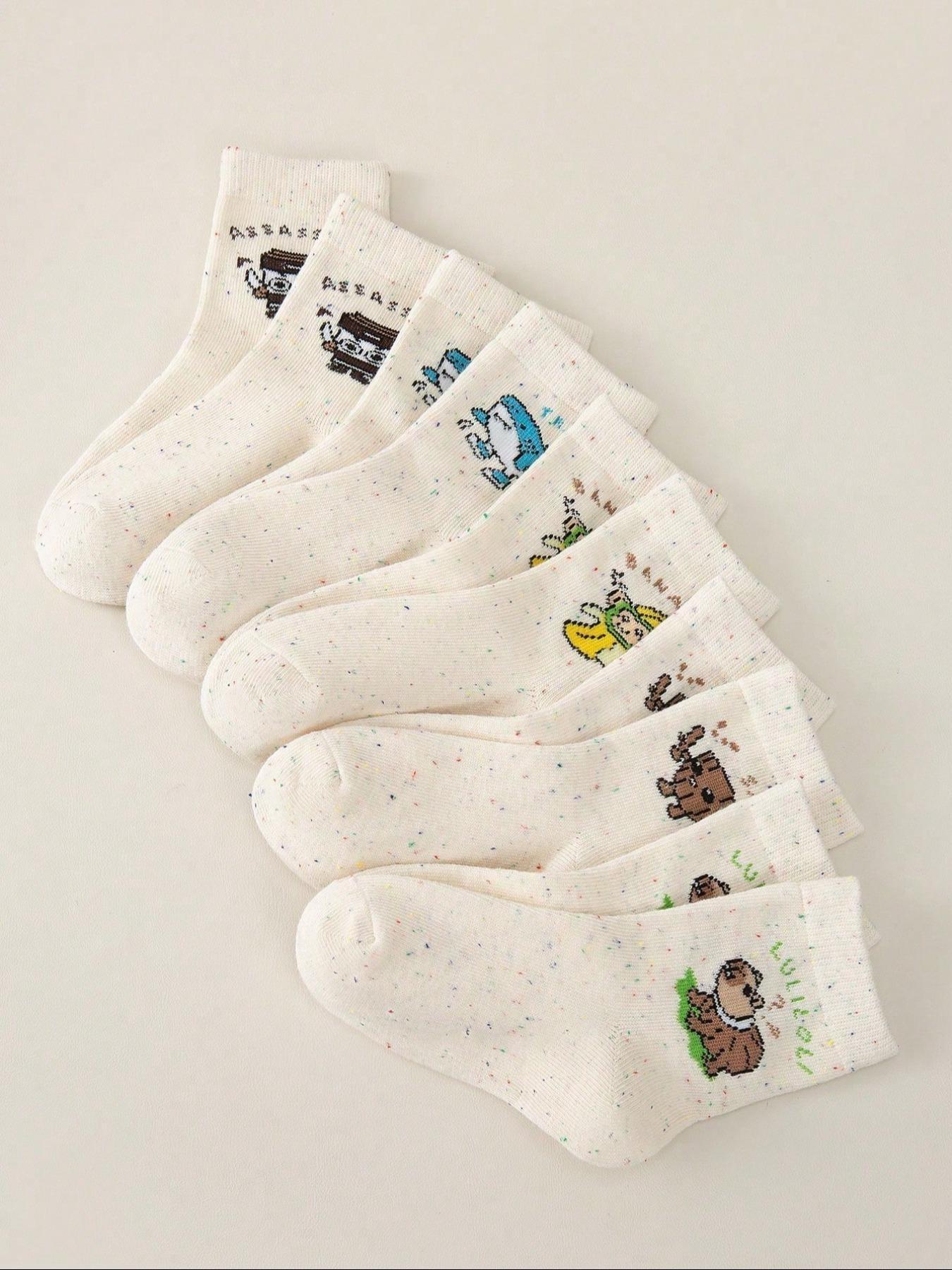 5 Pairs Kids Socks, Student Mid-Calf, Shark Pattern, Banana Monkey Cartoon, Fun Personality, Soft Comfortable, Daily Wear