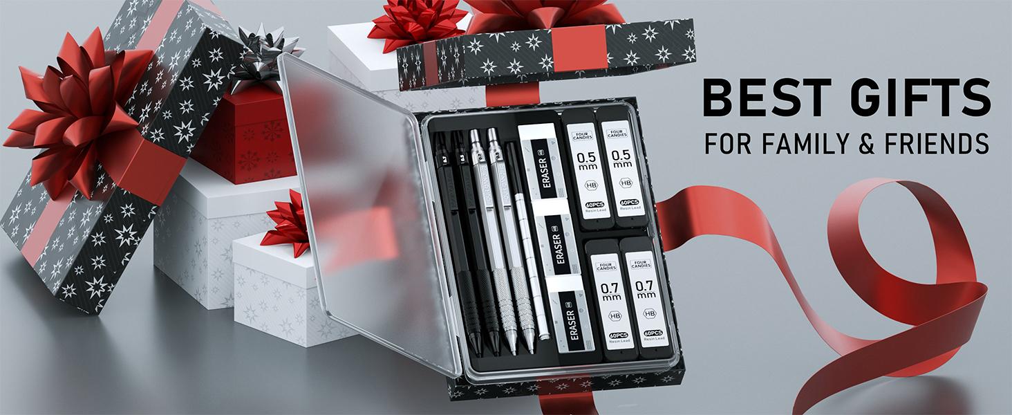 Weighted Pencil !!!Four Candies  Metal Mechanical Pencils Set with Case, For Writing Drafting, Drawing, Sketching, 0.5mm & 0.7 mm Artist Pencil with 8 Tubes  HB Lead Refills, 3 Erasers,9 Eraser Refills, Suitable for School and Office art Creation.